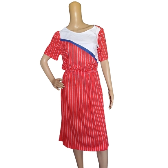 Vintage 70s Red With & Blue Striped Bluson Short Sleeve Day Dress - Picture 2 of 8